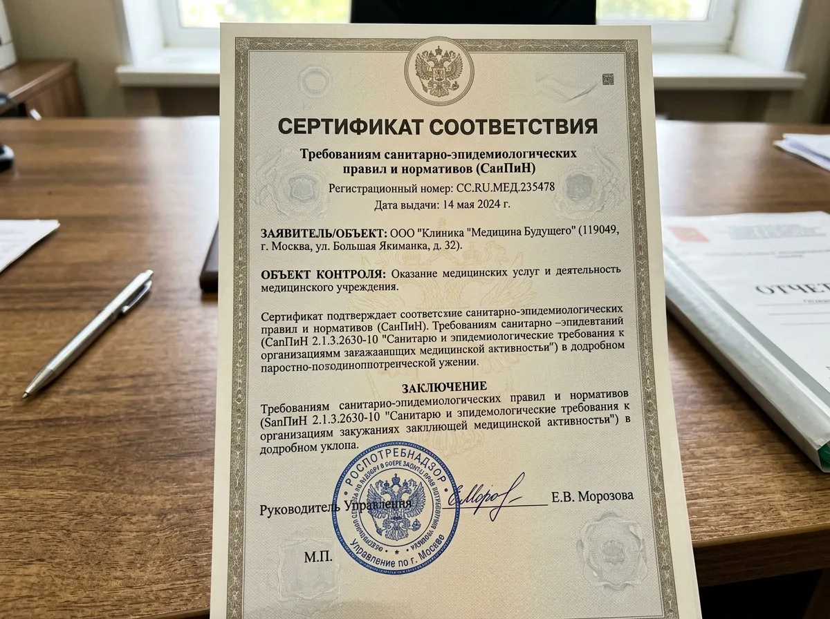 Сертификат соответствия санитарным нормам СанПиН для медицинского учреждения — Роспотребнадзор, официальный документ крупным планом